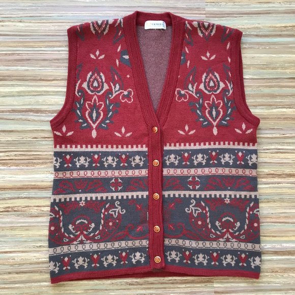 Camela Knit Sweater Vest Button Front 100% Wool Red & Grey Damask Pattern - Picture 5 of 6